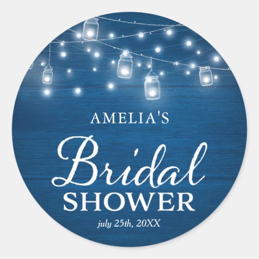 Rustic Wood Blue Brautparty Mason Jars Lights Runder Aufkleber (Vorderseite)