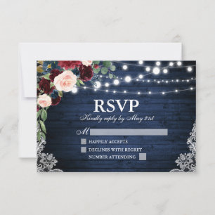 Rustic Wood Blue Burgundy Floral Wedding RSVP Karte