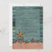 Rustic Wood Blue Coral Starfish Beach Baby Dusche Einladung (Vorderseite)