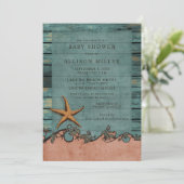 Rustic Wood Blue Coral Starfish Beach Baby Dusche Einladung (Stehend Vorderseite)