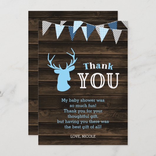 Rustic Wood Blue Deer Baby Dusche Dankeskarte (Vorne/Hinten)