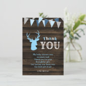 Rustic Wood Blue Deer Baby Dusche Dankeskarte (Stehend Vorderseite)