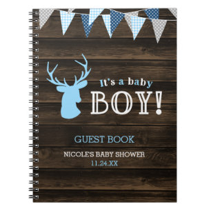 Rustic Wood Blue Deer Boy Baby Shooter Gästebuch Notizblock