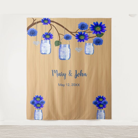Rustic Wood Blue Floral Mason Jars Foto Hintergrun Wandteppich (Vorderseite)