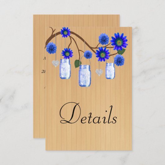 Rustic Wood Blue Floral Mason Jars Hochzeitdetails Begleitkarte (Vorne/Hinten)