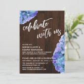 Rustic Wood Blue Hydrangea feiert mit uns Einladung (Stehend Vorderseite)