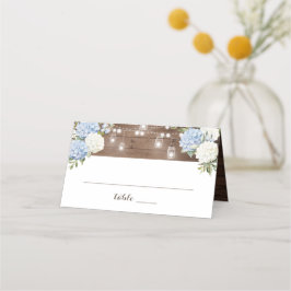 Rustic Wood Blue Hydrangea String Lights Mason Jar Platzkarte