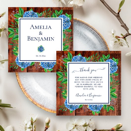 Rustic Wood Blue Hydrangeas Wedding Offizier Dankeskarte