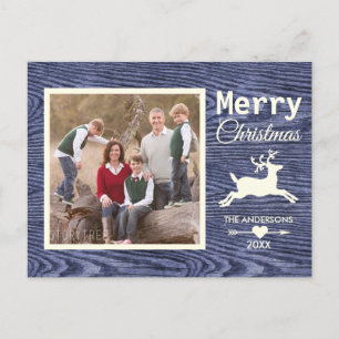 Rustic Wood Blue Rentier Weihnachtsfamilie Foto Feiertagspostkarte