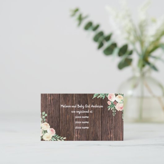 Rustic Wood Blush Floral Baby Dusche Registrierung Begleitkarte (Stehend Vorderseite)