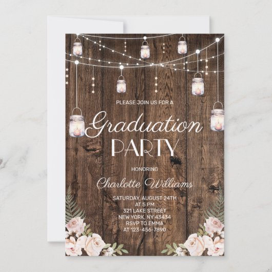 Rustic Wood Blush Floral Graduation Party Einladung (Vorderseite)