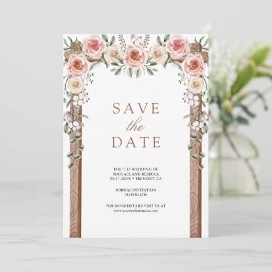 Rustic Wood Boho Floral Foto Canopy Hochzeit Save The Date (Stehend Vorderseite)