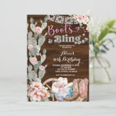 Rustic Wood Boots and Bling Birthday Einladung (Stehend Vorderseite)