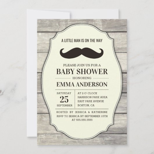 Rustic Wood Boy Baby Shower Einladung - Mustache (Vorderseite)