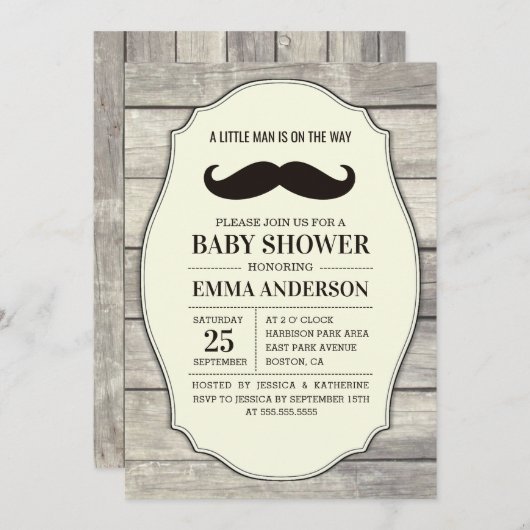 Rustic Wood Boy Baby Shower Einladung - Mustache (Vorne/Hinten)