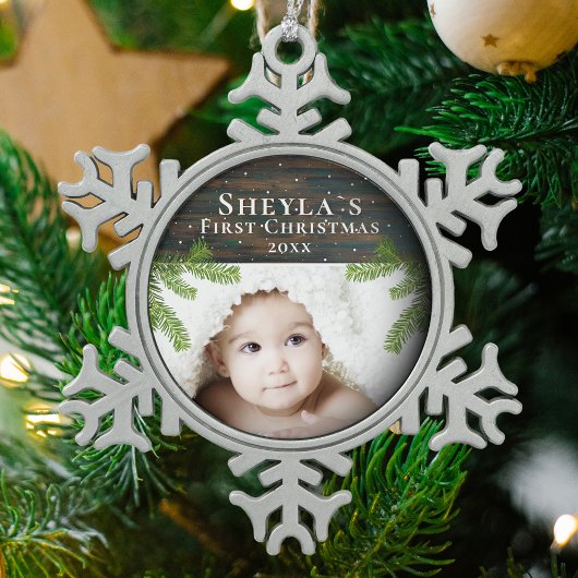 Rustic Wood Branches Baby's First Christmas Foto Schneeflocken Zinn-Ornament