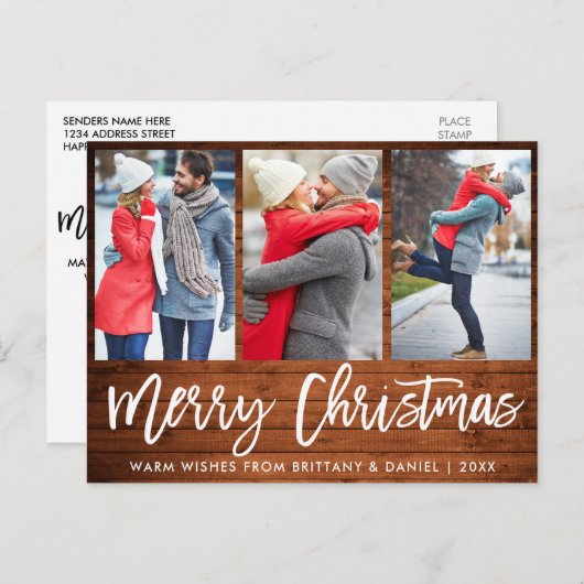 Rustic Wood Brush Script 3 Foto Weihnachten Postkarte (Vorne/Hinten)