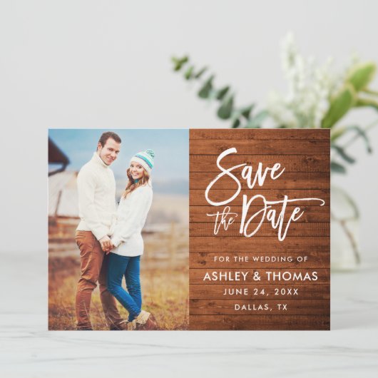 Rustic Wood Brush Script-Foto Save The Date (Stehend Vorderseite)