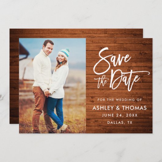 Rustic Wood Brush Script-Foto Save The Date (Vorne/Hinten)