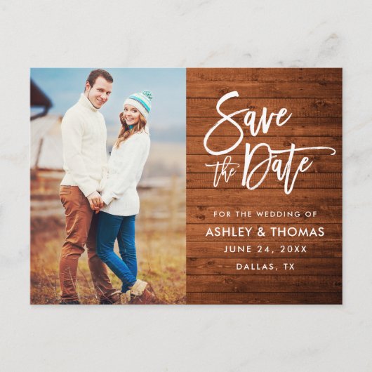 Rustic Wood Brush Script-Foto Save the Date Postkarte (Vorderseite)
