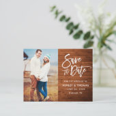 Rustic Wood Brush Script-Foto Save the Date Postkarte (Stehend Vorderseite)