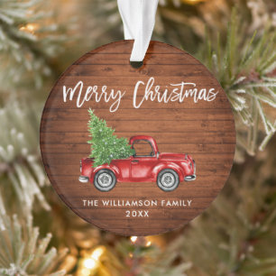Rustic Wood Brush Script Vintag Red Truck Ornament