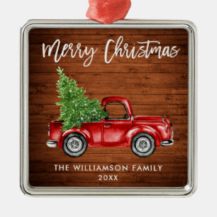 Rustic Wood Brush Script Vintag Red Truck Ornament Aus Metall