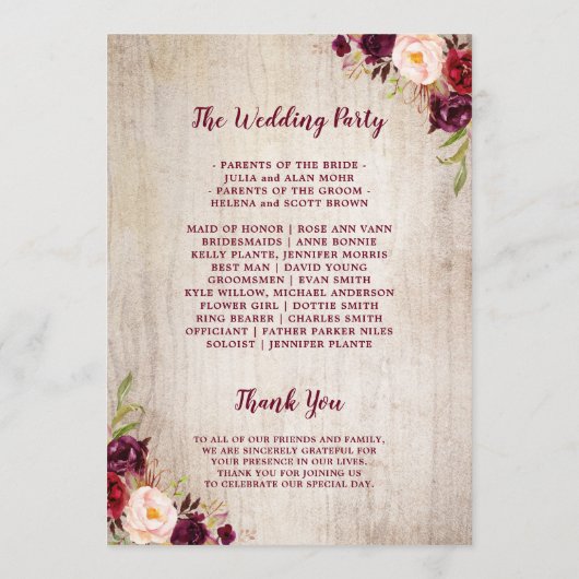 Rustic Wood Burgund Blumenzeremonie Programm (Rückseite)