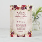 Rustic Wood Burgund Blumenzeremonie Programm (Stehend Vorderseite)
