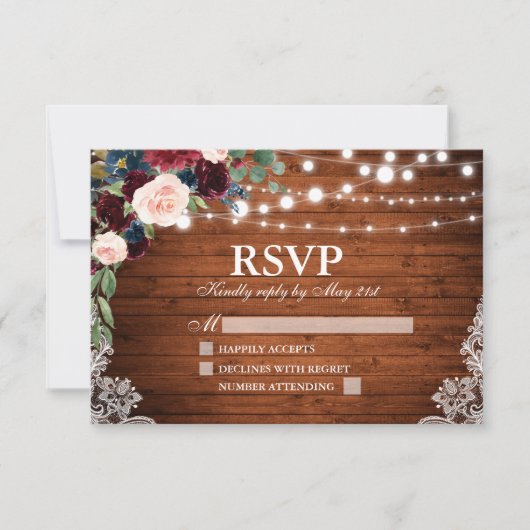 Rustic Wood Burgundy Blue Floral Wedding RSVP Karte (Vorderseite)