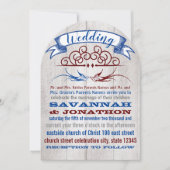Rustic Wood Burgundy Blue Vintag Lovebird Wedding Einladung (Vorderseite)