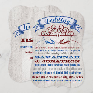 Rustic Wood Burgundy Blue Vintag Lovebird Wedding Einladung