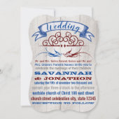 Rustic Wood Burgundy Blue Vintag Lovebird Wedding Einladung (Vorderseite)
