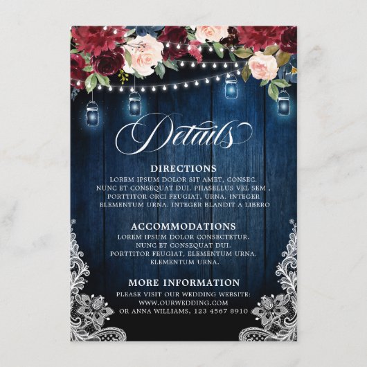 Rustic Wood Burgundy Floral Mason Jar Wedding Begleitkarte (Vorderseite)