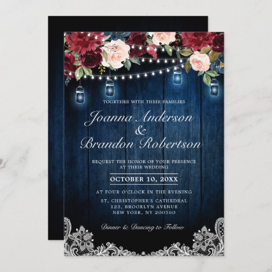 Rustic Wood Burgundy Floral Mason Jar Wedding Einladung (Vorne/Hinten)