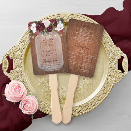 Rustic Wood Burgundy Floral Mason Jar Wedding Fächer
