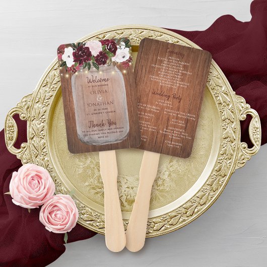 Rustic Wood Burgundy Floral Mason Jar Wedding Fächer