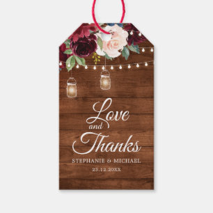 Rustic Wood Burgundy Floral Mason Jar Wedding Geschenkanhänger