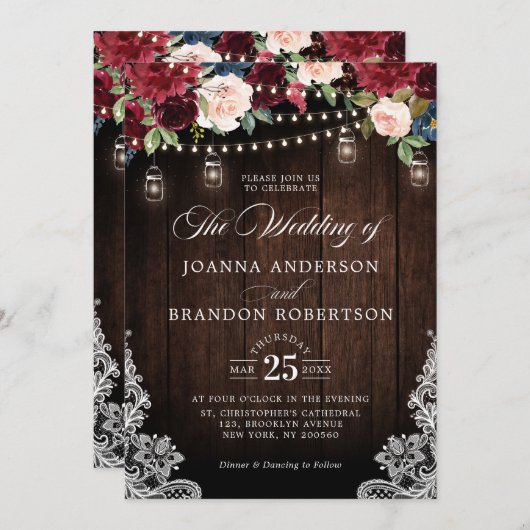 Rustic Wood Burgundy Floral Mason Jar Wedding Invi Einladung (Vorne/Hinten)