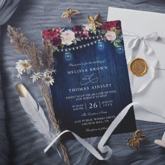 Rustic Wood Burgundy Floral Mason QR Code Wedding Einladung