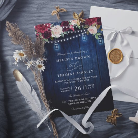 Rustic Wood Burgundy Floral Mason QR Code Wedding Einladung