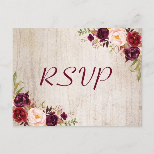 Rustic Wood Burgundy Floral Wedding RSVP Response Postkarte (Vorderseite)