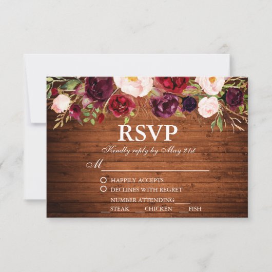 Rustic Wood Burgundy Floral Wedding RSVP w/food (Vorderseite)