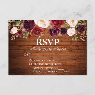 Rustic Wood Burgundy Floral Wedding RSVP w/food Karte