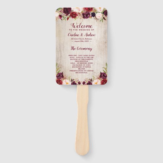 Rustic Wood Burgundy Red Floral Wedding Program Fächer (Vorderseite)