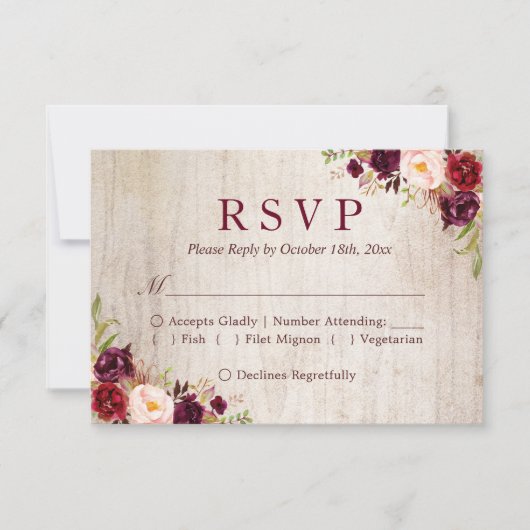 Rustic Wood Burgundy Red Floral Wedding RSVP Karte (Vorderseite)