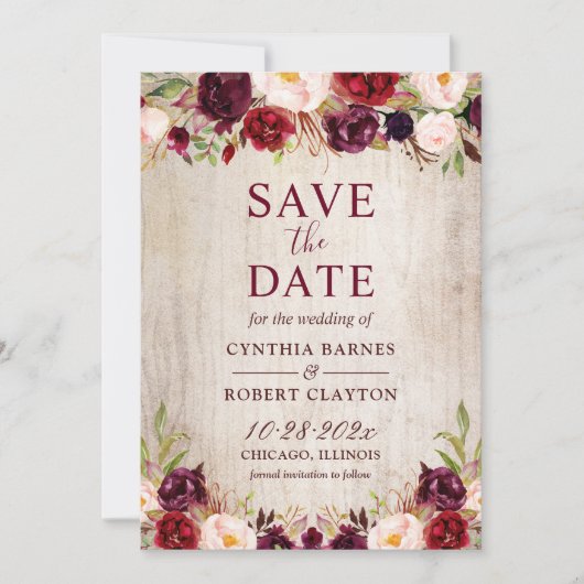 Rustic Wood Burgundy Red Floral Wedding Save The Date (Vorderseite)
