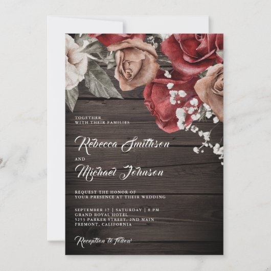 Rustic Wood Burgundy Rose QR Code Wedding Einladung (Vorderseite)