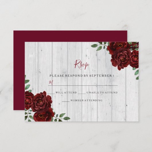 Rustic Wood Burgundy Rose Romantic Wedding RSVP (Vorne/Hinten)