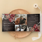 Rustic Wood Burgundy Rote Rosen Foto Wedding Dreifach Gefaltete Einladung